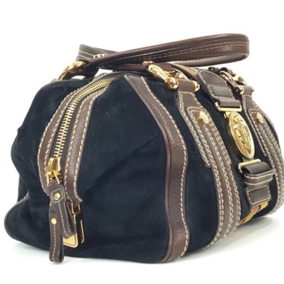 Gucci Aviatrix Boston Black Suede Brown Leather Satchel Bag Handbag - Picture 2 of 10